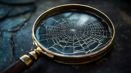 Magnifying glass revealing intricate spider web patterns on a textured surface.