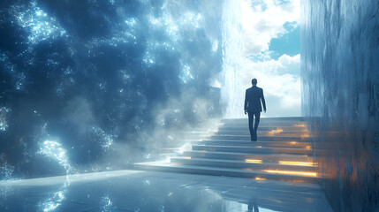 a businessman walking up the stairs towards success, symbolizing ambition and determination, capturi