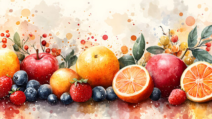 An Abstract Watercolor Background Featuring Colorful Fruits, Creating a Vibrant and Playful Atmosphere, Perfect for Use in Food-Related Designs, Illustrations, or Marketing Materials, This Artistic Co