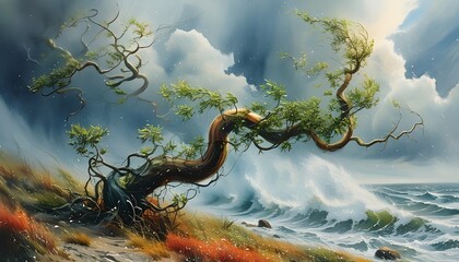 Wall Mural - Whirlwind Symphony: Surreal Flora Dancing in a Cyclone Amidst Dreamlike Watercolor Landscape