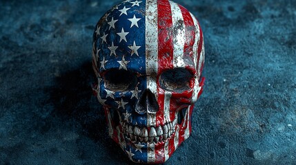 Patriotic skull. Realistic human skull painted with the American flag on dark background.