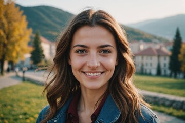 Close portrait of a smiling young Macedonian woman looking at the camera, Macedonian outdoors blurred background