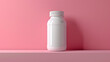 © Izzain - A white plastic bottle with a blank label sits on a pink shelf against a pink background. The bottle is ready for your product design.