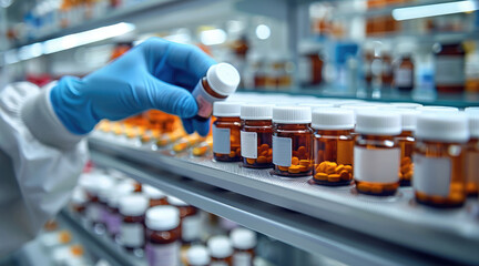 Poster - In a laboratory setting, a gloved hand selects a medication bottle from a tray. Precision concept for the health industry and pharmaceutical industry.