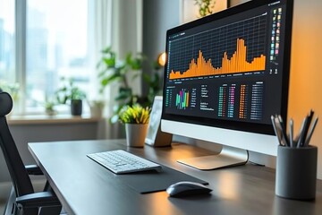 Leinwandbilder - A desk with a computer showing a stock market chart.