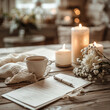 © visoot - A rustic wedding planning on a wooden table with candles, lace, flowers, and a faintly visible wedding checklist into the background, with pen, and a cup of tea, with the checklist subtly placed.