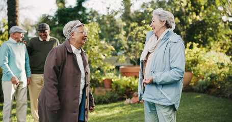 Wall Mural - Nature, conversation and senior women outdoor in garden at retirement home for bonding together. Happy, communication and elderly female people in discussion at park with connection in friendship.