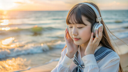 A beautiful 17-year-old Japanese school girl is enjoying listening to music with headphones on Beautiful sea beach at sunset