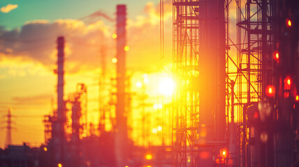 Oil refinery sunset. Energy industrial background. Manufacturing factory production. Steel structure complexity. Chemical engineering business. Gasoline fuel technology. Pollution smoke chimney.