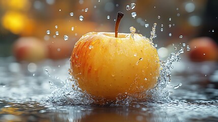 Wall Mural - A yellow apple with red streaks splashes into a pool of water, creating a burst of droplets.