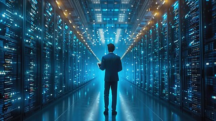 Fototapete - An Information Digitalization Line Streaming Through Servers, with a Data Center Chief Technology Officer holding a laptop in a warehouse.