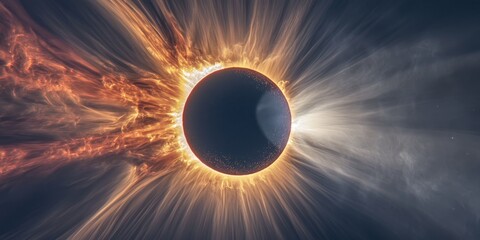 Poster - a total solar eclipse from space, with the moon perfectly covering the sun and the solar corona glowing around it.
