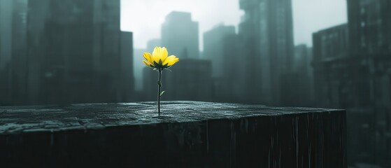 A single yellow flower blooms amidst a desolate, rainy cityscape, symbolizing hope and resilience in a stark, urban environment.