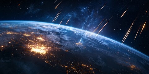 Aufkleber - Precision shot of a meteor shower over Earth, with bright streaks of light crossing the night sky from an orbital perspective.
