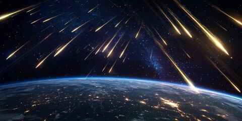 Aufkleber - Precision shot of a meteor shower over Earth, with bright streaks of light crossing the night sky from an orbital perspective.
