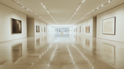Poster - A long, empty gallery with white walls and a shiny floor. Paintings hang on the walls, and the light reflects off the floor.