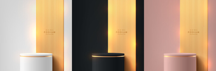 Wall Mural - Set of silver, black, gold, pink gold 3d cylindrical podium background with gold backdrop partition scene. Abstract minimal mockup Product display presentation, Stage showcase. Platforms vector design