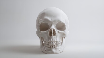 White human skull showing teeth resting on white background