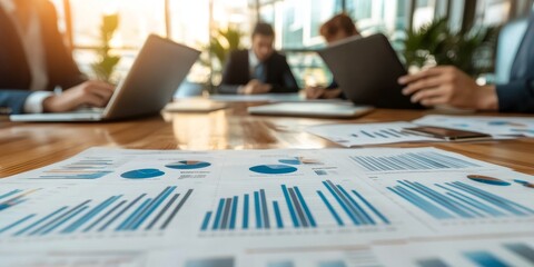 Business executives reviewing profit and loss statements with detailed charts and projections in a sleek office environment.