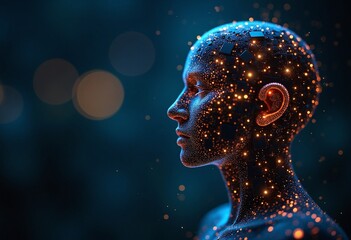 Poster - A digital human head formed of circuit boards and glowing light, with a bokeh background, symbolizing artificial intelligence and technological advancement