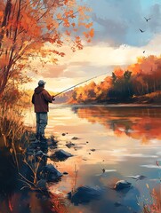 Canvas Print - Solitary Fisherman in Autumnal Landscape.