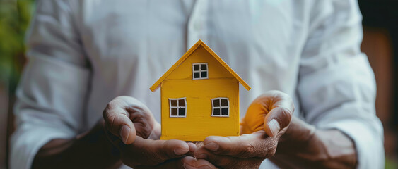 A man in a crisp white shirt holding a small yellow toy house, symbolizing personal investment in real estate.