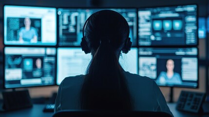 Poster - A person wearing headphones sits in front of multiple computer screens, engaged with various digital interfaces.