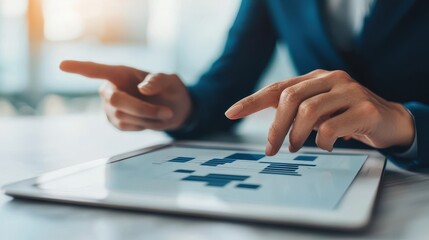 Poster - A person in a suit interacts with a tablet displaying charts, emphasizing data analysis and business strategy.