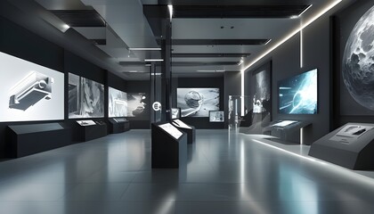 Wall Mural - Futuristic synthetic art installation featuring interactive holographic displays in a sleek modern museum with striking monochromatic tones