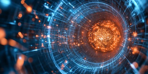 Aufkleber - a particle detector capturing neutrinos, with tracks of charged particles visible within the detector medium.