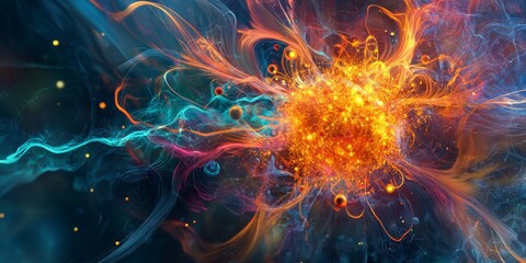 Aufkleber - a quark-gluon plasma simulation, with extreme temperatures and subatomic particles in flux.