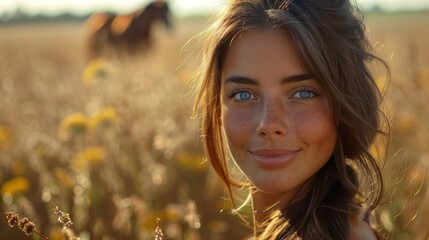 Poster - A woman with blue eyes and red hair is standing in a field of yellow flowers