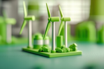 Miniature wind turbines on a green landscape model against blurred background.