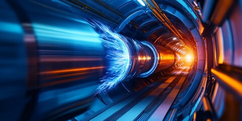 Aufkleber - a particle accelerators beamline, with charged particles moving at near-light speed toward collision.