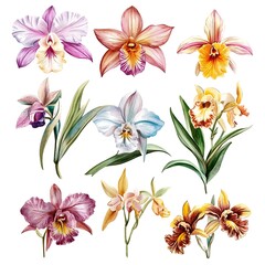 Sticker - Watercolor Illustration of Colorful Orchid Flowers with Green Leaves.