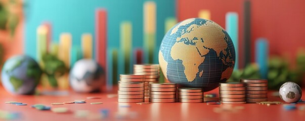 Wall Mural - A visual representation of global finance with coins stacked around a globe, symbolizing economic growth and investment strategies.