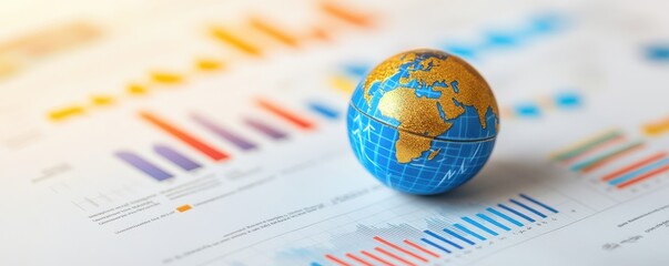 A globe resting on financial reports, symbolizing global markets and data analysis in a modern business environment.