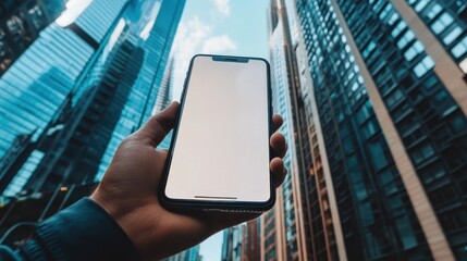 Businessman holding cell phone with Skyscrapers and blue sky,using smartphone with blank screen,A white screen smartphone mockup in a man's hand,social media, mobile application,chatting,copy space.