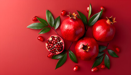 Wall Mural - Ripe pomegranate on color background, top view