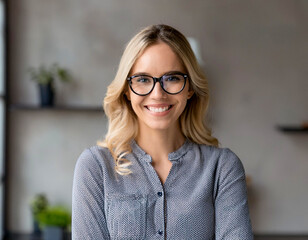 Poster - blonde goggles friendly happy portrait caucasian glasses young woman satisfied in home interior arms crossed