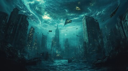 Wall Mural - modern building office or city town is submerged the ocean sea and fish,global warming and rising se