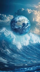 Wall Mural - planet earth is floating over the ocean,planet earth submerged and floating in sea,global warming an
