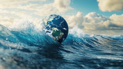 Wall Mural - planet earth is floating over the ocean,planet earth submerged and floating in sea,global warming an
