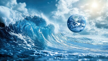 Wall Mural - planet earth is floating over the ocean,planet earth submerged and floating in sea,global warming an