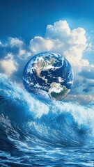 Wall Mural - planet earth is floating over the ocean,planet earth submerged and floating in sea,global warming an