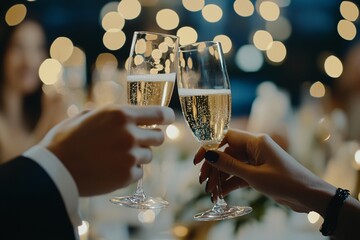 Two elegant glasses clink together in celebration, surrounded by twinkling lights, perfect for festive occasions or gatherings.