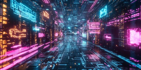 Poster - A detailed view of machine learning algorithms visualized as neon-lit data patterns in a futuristic cyberpunk environment.
