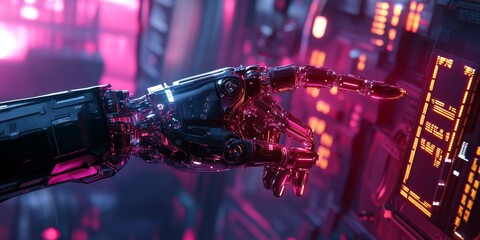 Poster - a cyberpunk robotic arm performing a task, with glowing neon circuits, advanced mechanics, and a high-tech dystopian background.