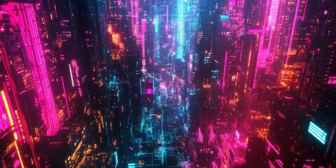 Poster - A detailed view of machine learning algorithms visualized as neon-lit data patterns in a futuristic cyberpunk environment.