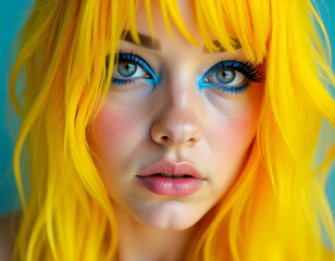 Wall Mural - A young woman with bright yellow hair, and bold blue and yellow makeup, blue eyes.